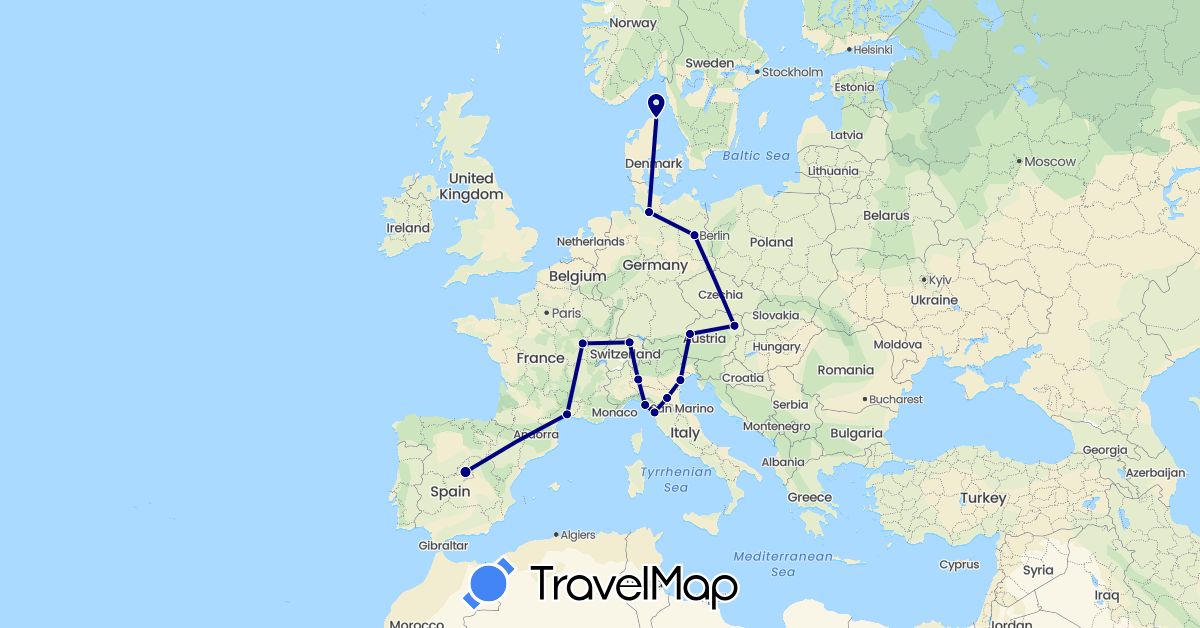 TravelMap itinerary: driving in Austria, Switzerland, Germany, Denmark, Spain, France, Italy (Europe)